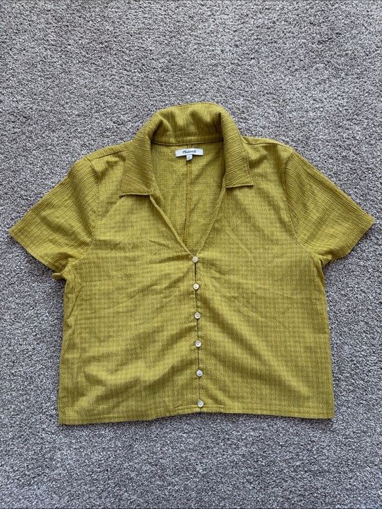 Madewell Tops - MADEWELL Collared Button-Front Short Sleeve Top - Green Mustard